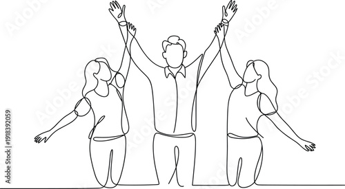 Three people with raised hands in a celebratory pose in a line style line black and white simple human figures
