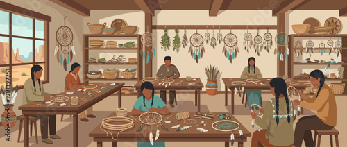 Flat vector illustration of a traditional Native American dreamcatcher workshop where artisans craft handmade spiritual charms using feathers, beads, and hoops in a rustic desert interior setting.