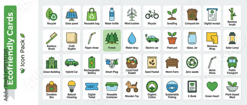 Vector Set of 40 Eco-friendly Icons and Tiles in Flat Design Style for Sustainability, Green Living, Renewable Energy, Recycling, and Zero Waste Lifestyle Infographics and Web Design Elements.