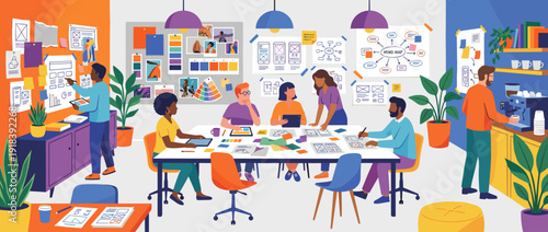Creative agency team brainstorming in a vibrant office with mood boards and design sketches. Diverse group of professionals collaborating on a project around a large table in a modern workspace.