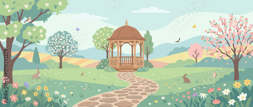 Peaceful spring garden landscape vector illustration with a winding stone path leading to a wooden gazebo, blooming cherry blossom trees, colorful wildflowers, cute rabbits, and singing birds.