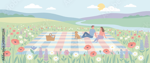Flat vector illustration of a young couple and their dog enjoying a relaxing picnic on a checkered blanket in a beautiful spring meadow filled with colorful wildflowers and a scenic river.