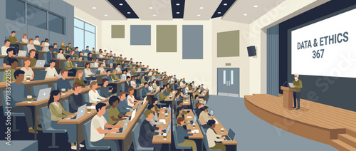 Modern university lecture hall with diverse students using laptops and drinking coffee while a professor gives a presentation on data and ethics 367 in a flat vector illustration style.