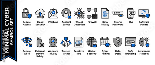 Minimal Cyber Symbol Set: 20 Flat Vector Icons for Cybersecurity Awareness Training, Data Privacy, Cloud Security, Phishing, Firewall, 2FA, Secure Wi-Fi, Software Updates, and Digital Protection.