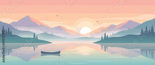 Peaceful Flat Vector Illustration of a Serene Dawn at a Mountain Lake with Calm Water Reflections, Morning Mist, a Lone Canoe, and Pine Trees under a Soft Pastel Sunrise Sky in the Wilderness