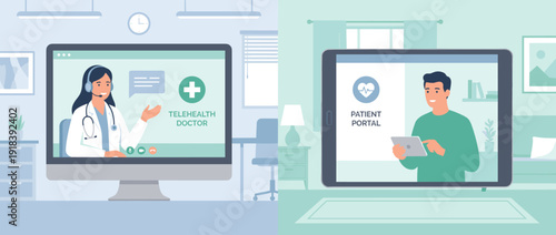 Modern Telehealth Consultation Flat Vector Illustration Featuring a Professional Female Doctor on a Computer Screen and a Male Patient Using a Digital Patient Portal for Remote Medical Care.