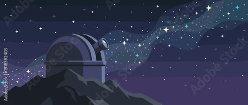 Flat Vector Illustration of a Mountain Observatory Dome at Night Under a Starry Sky with the Milky Way Galaxy, Astronomy Telescope Observing Deep Space, Science and Exploration Concept.