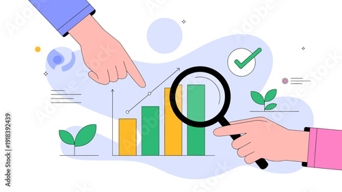 Hands interacting with a data analysis visualization including a bar graph magnifying glass and checkmark representing growth and scrutiny high quality professional detailed modern elegant stylish