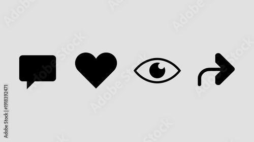A minimalist arrangement displays four black icons a speech bubble heart eye and arrow against a light grey background high quality professional detailed modern elegant stylish