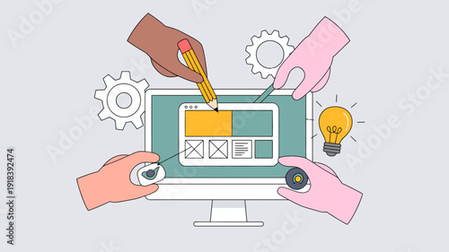 Diverse hands collaborate on a digital design project displayed on a computer screen incorporating gears and a lightbulb high quality professional detailed modern elegant stylish clean