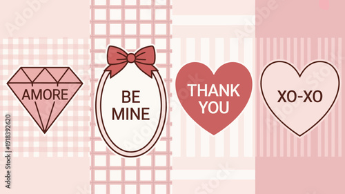 A charming valentine s day card design features four decorative elements a diamond oval heart and another heart all in pink hues high quality professional detailed