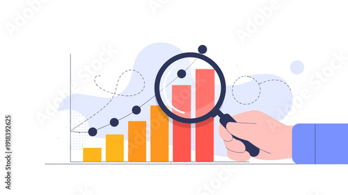 An illustration depicts data analysis with a magnifying glass focusing on a bar graph emphasizing growth and detailed examination high quality professional modern elegant stylish clean