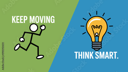A split screen graphic depicts a running stick figure on a green background and a lightbulb with think smart text high quality professional detailed modern elegant