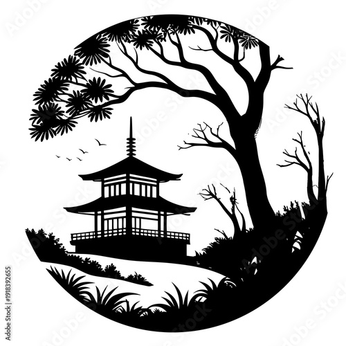 Japanese Pagoda Silhouette with Bare Tree Branches in Circle, conveying a sense of quietude and minimalist beauty.