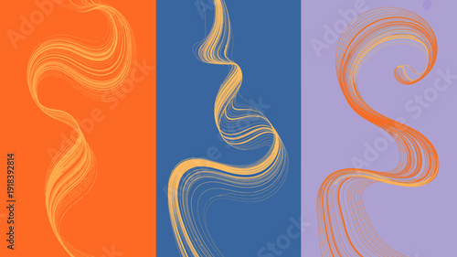 An abstract composition features three vertical panels with swirling golden lines against solid backgrounds of orange blue and lavender high quality professional detailed modern elegant stylish