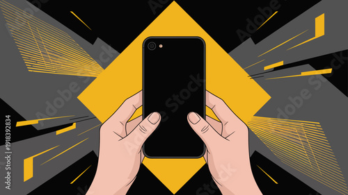 A digital illustration depicts a smartphone being held by two hands surrounded by an energetic burst of yellow lines on a dark background high quality professional