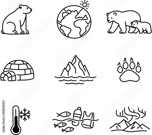 Polar bear icons depicting arctic life. International day line art vector
