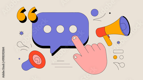 A colorful illustration depicts a speech bubble a hand interacting with it and a megaphone suggesting communication and public speaking high quality professional detailed modern elegant