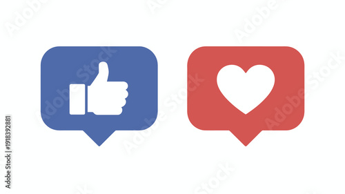 This image displays two social media icons a blue speech bubble with a white thumbs up and a red speech bubble with a white heart