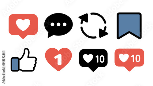A collection of social media icons displays various interaction options including likes comments shares and saves in colorful designs high quality professional detailed modern elegant stylish