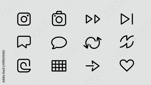 A collection of minimalist black line icons representing various social media and interface functions are neatly arranged on a gray background high quality professional detailed modern