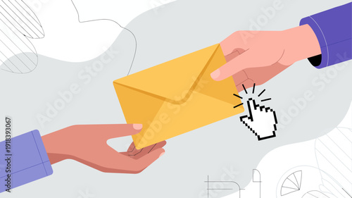 An illustration depicts two hands exchanging a yellow envelope with a glowing cursor hand signifying a digital interaction or transfer high quality professional detailed modern elegant
