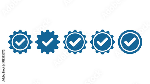 A row of five blue circular badges each featuring a white checkmark within a gear or simple circular design high quality professional detailed modern elegant stylish