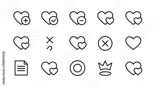 A collection of black outline icons depicting hearts with various symbols and additional design elements including a crown high quality professional detailed modern elegant stylish clean