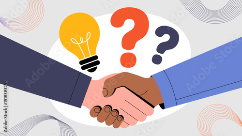A brightly colored illustration depicts a handshake between two diverse hands alongside a glowing lightbulb and questioning marks high quality professional detailed modern elegant stylish clean
