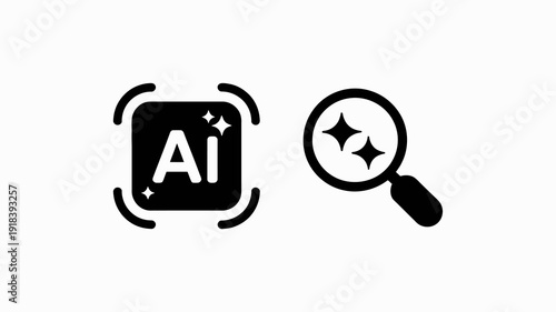 This image displays two black icons on a white background one showing ai within a frame and another representing a magnifying glass high quality professional detailed