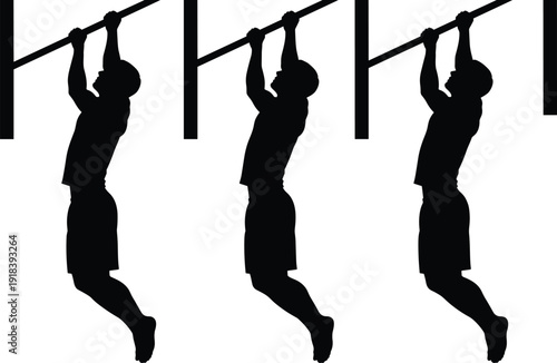 Silhouette of man doing pull up exercise on bar, fitness workout strength training vector illustration isolated background