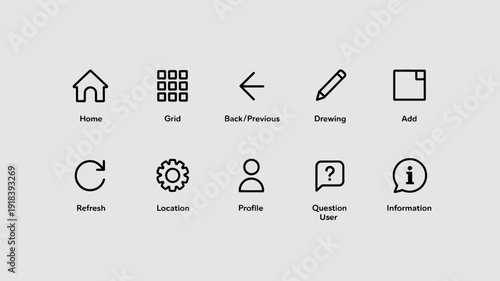 A collection of simple black line icons representing common mobile app and website functions including home grid and settings high quality professional detailed modern elegant stylish