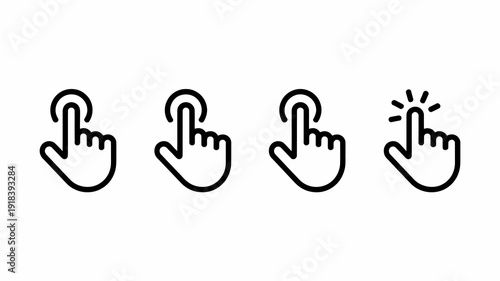 A series of four simple black outline illustrations depicting a hand making different gestures pointing selecting and tapping high quality professional detailed modern elegant stylish clean