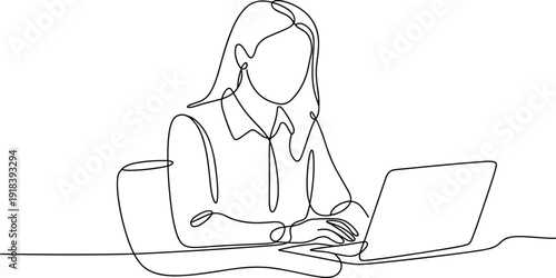 Woman in a white blouse and tie working on a laptop with long hair and earrings in a minimalist line style