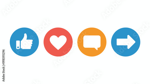 A row of four circular social media icons displays a like love comment and share action colored in blue red orange and blue high quality professional