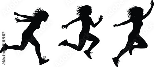 Running woman silhouette set, female athlete sprinting and jumping action isolated on white background fitness illustration concept