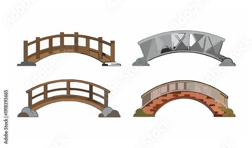 Flat vector set of wooden metal and brick footbridges isolated on white background