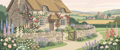 Idyllic flat vector illustration of a traditional English stone cottage with a thatched roof, climbing roses, and a blooming garden with lavender and hollyhocks in a rural countryside landscape.