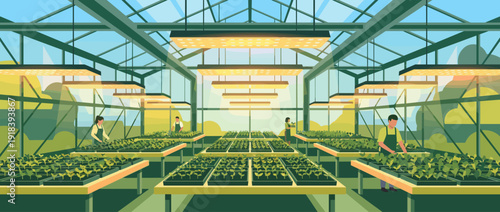 Modern Greenhouse Interior Flat Vector Illustration with Rows of Young Plant Seedlings in Trays under Bright LED Grow Lights, Featuring Professional Gardeners Working in a Sustainable Urban Farm.