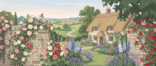 Idyllic flat vector illustration of a traditional English cottage garden with a thatched roof house, stone walls, climbing roses, hollyhocks, and lavender overlooking a scenic rural landscape
