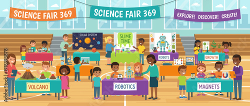 Flat vector illustration of a school science fair featuring diverse children and teachers with STEM project displays including volcanoes, robotics, solar system, magnets, and slime experiments.