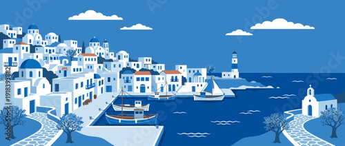 Flat Vector Illustration of a Traditional Greek Island Harbor with White Buildings, Blue Domes, Fishing Boats, a Lighthouse, a Church, and Olive Trees under a Clear Blue Sky in the Aegean Sea