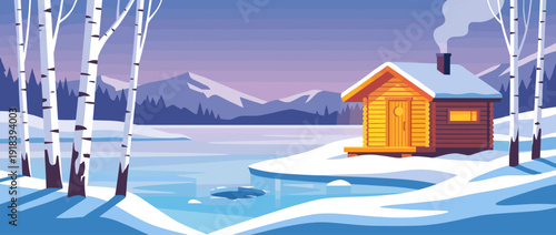 Flat vector illustration of a traditional Nordic sauna log cabin by a frozen lake with birch trees and snow-covered mountains at twilight. Cozy winter landscape with ice hole and warm light.