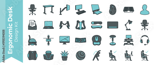 Ergonomic Desk Setup and Office Posture Icon Set Featuring Standing Desks, Orthopedic Chairs, Monitor Arms, Split Keyboards, and Wellness Accessories for Healthy Workplace Design and Comfort.