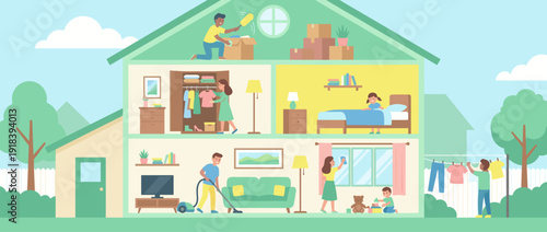 Flat vector illustration of a family spring cleaning their house together. Scenes show vacuuming the living room, organizing a closet, making a bed, dusting the attic, and hanging laundry outside.