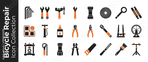 Comprehensive Vector Icon Set of 24 Bicycle Repair and Maintenance Tools. Flat Design Icons for Bike Shop, Mechanic, and DIY Cycling. Includes Wrench, Pump, Chain Tool, Stand, and Pliers.