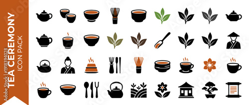 Japanese Tea Ceremony Icon Set: 36 Flat Vector Icons of Matcha Whisks, Teapots, Chawan Bowls, Green Tea Leaves, Bonsai, Tea Houses, and Traditional Tea Masters for Zen Culture and Beverage Design.