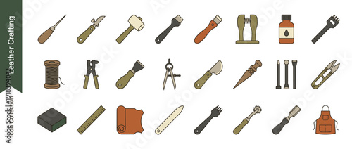 Comprehensive Vector Icon Set of 24 Leather Crafting and Tooling Items in Flat Design with Muted Editorial Palette; Features Awl, Mallet, Swivel Knife, Hole Punch, Thread, Hide Roll, and Apron.