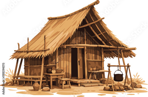 Traditional wooden hut with thatched roof, rustic rural house, clay pots and outdoor cooking vector
