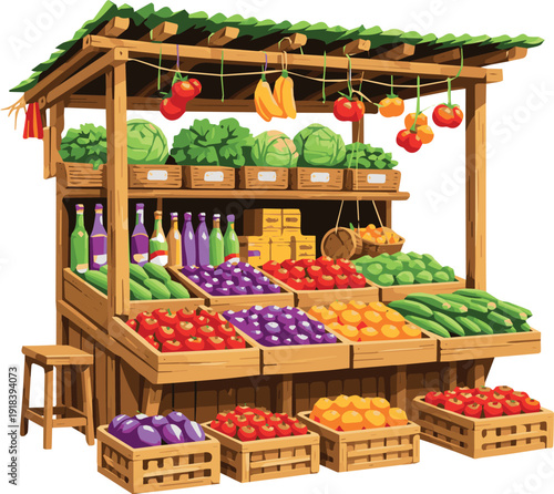 Wooden farmers market stall with fresh fruits and vegetables in crates, organic grocery shop vector
